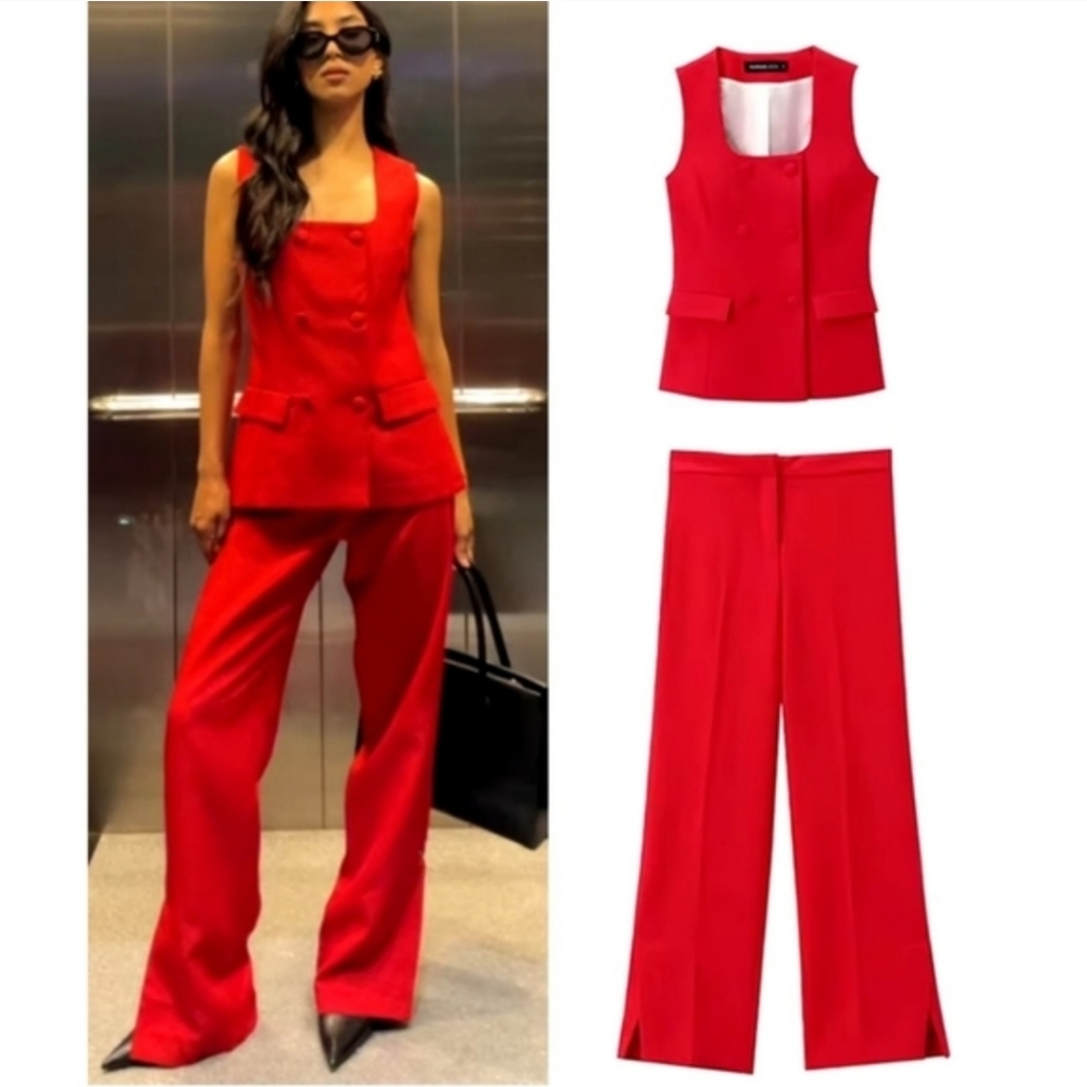 Zara Set Lined Button Vest & Pants Red